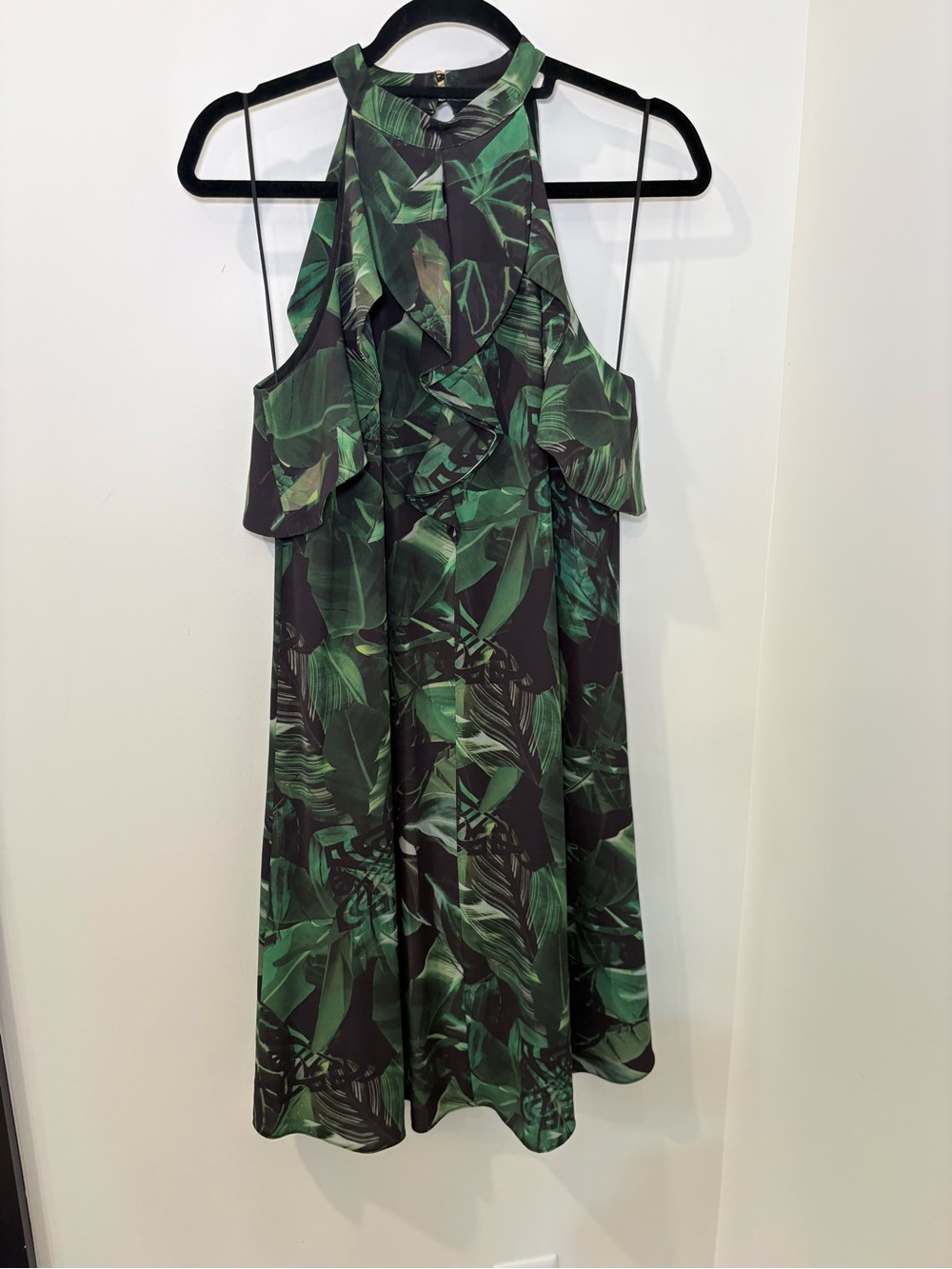 BIBA Tropical Leaf Print Halter Midi Dress Size 10 | Ruffle Neck Occasion Dress